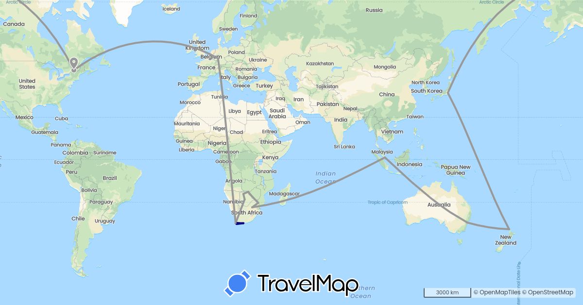 TravelMap itinerary: driving, plane in Australia, Botswana, Canada, Germany, Japan, New Zealand, Singapore, South Africa, Zimbabwe (Africa, Asia, Europe, North America, Oceania)